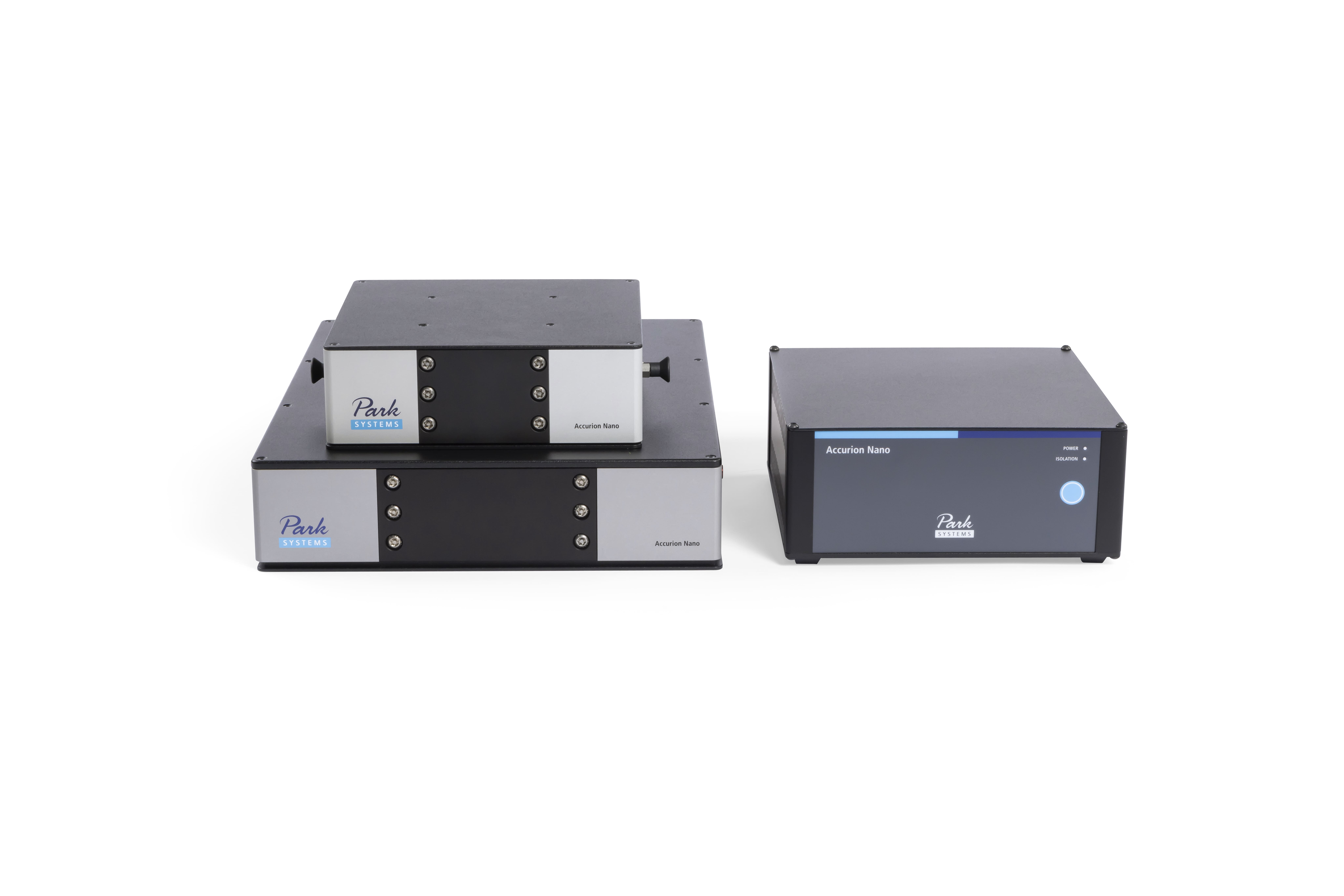Park Systems Accurion Nano 30 active vibration isolation desktop unit, designed for lightweight applications such as scanning force microscopes, offering easy operation without load adjustment, right side