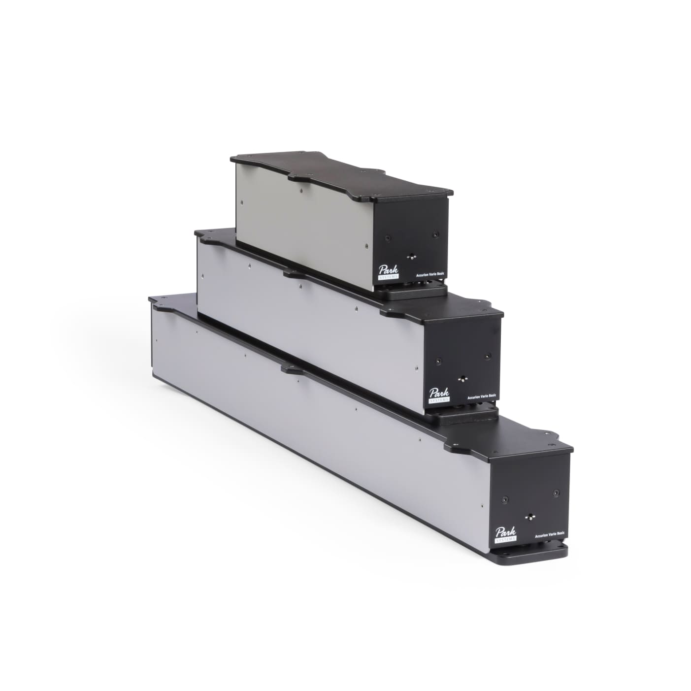 Park Systems Accurion Vario modular active vibration isolation system with two or more elements, designed for high static loads up to 900 kg, featuring automatic load adjustment, steel support frame, acoustic enclosure, and a rack-mountable external control unit. Ideal for custom applications like optical breadboards or laser set-ups.
